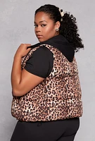 Womens Plus Size Almost Famous Patterned Hooded Puffer Vest, Brown, Size 1X