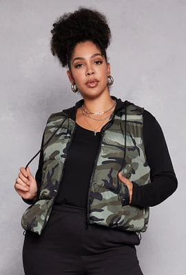 Womens Plus Almost Famous Patterned Hooded Puffer Vest, Green,