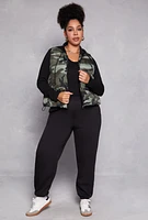 Womens Plus Almost Famous Patterned Hooded Puffer Vest, Green,