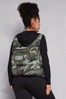 Womens Plus Almost Famous Patterned Hooded Puffer Vest, Green,