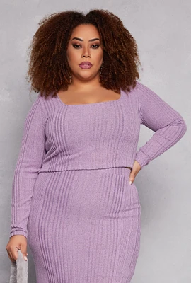 Womens Plus Size Almost Famous Ribbed Knit Crop Top, Purple, Size 3X