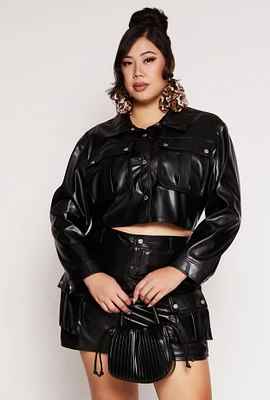 Womens Plus Size Almost Famous Faux Leather Cropped Shacket, Black, Size 1X