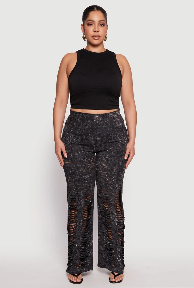 Womens Plus Size Acid Wash Laser Cut Pants, Black, Size 2X