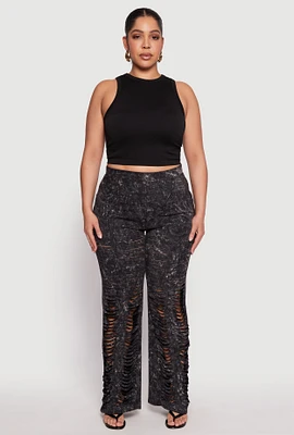 Womens Plus Size Acid Wash Laser Cut Pants, Black, Size 2X