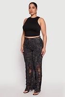 Womens Plus Size Acid Wash Laser Cut Pants, Black, Size 2X