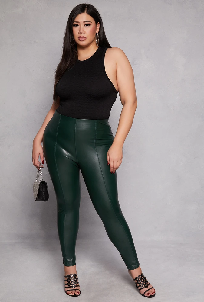 Womens Plus Size Faux Leather Pintuck Pull On Pants, Green, Size 2X