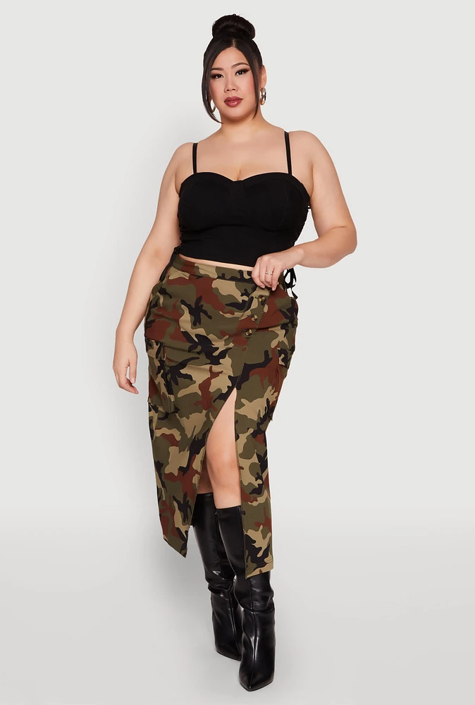 Womens Plus Size Asymmetrical Front Slit Camo Cargo Skirt, Green, Size 1X