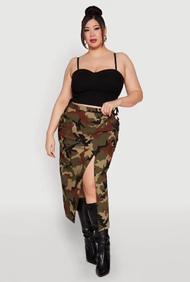 Womens Plus Size Asymmetrical Front Slit Camo Cargo Skirt, Green, Size 1X