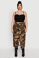 Womens Plus Size Asymmetrical Front Slit Camo Cargo Skirt, Green, Size 1X