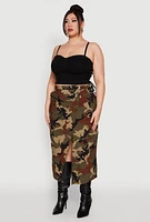 Womens Plus Size Asymmetrical Front Slit Camo Cargo Skirt, Green, Size 1X