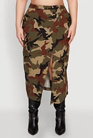 Womens Plus Size Asymmetrical Front Slit Camo Cargo Skirt, Green, Size 1X