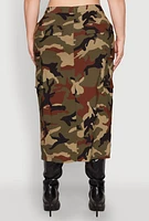 Womens Plus Size Asymmetrical Front Slit Camo Cargo Skirt, Green, Size 1X