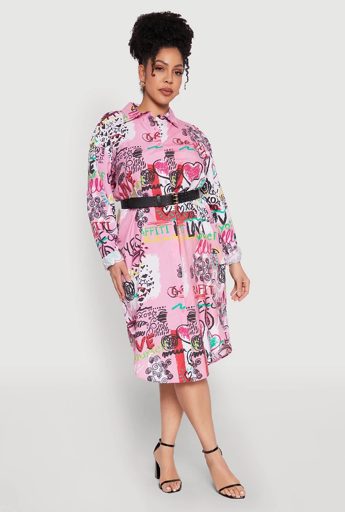 Womens Plus Size Graffiti Print Shirt Dress, Multi, Size 1X