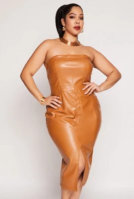 Womens Plus Size Faux Leather Strapless Midi Dress, Brown, Size 1X