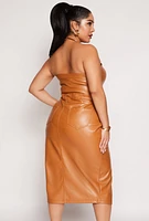 Womens Plus Size Faux Leather Strapless Midi Dress, Brown, Size 2X