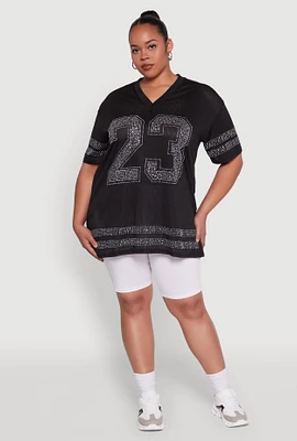 Womens Plus Rhinestone Graphic Short Sleeve Jersey Top,