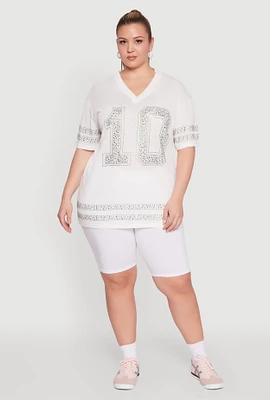 Womens Plus Size Rhinestone Graphic Short Sleeve Jersey Top, White, Size 1X