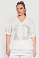Womens Plus Size Rhinestone Graphic Short Sleeve Jersey Top, White, Size 1X