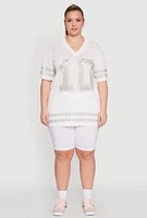 Womens Plus Size Rhinestone Graphic Short Sleeve Jersey Top, White, Size 1X