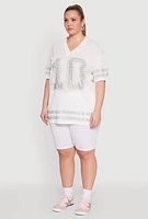 Womens Plus Size Rhinestone Graphic Short Sleeve Jersey Top, White, Size 1X