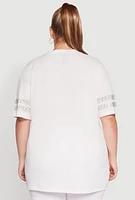 Womens Plus Size Rhinestone Graphic Short Sleeve Jersey Top, White, Size 1X
