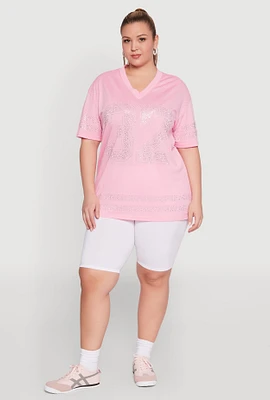 Womens Plus Rhinestone Graphic Short Sleeve Jersey Top,