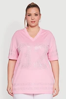 Womens Plus Rhinestone Graphic Short Sleeve Jersey Top,