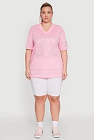 Womens Plus Rhinestone Graphic Short Sleeve Jersey Top,