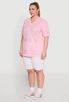 Womens Plus Rhinestone Graphic Short Sleeve Jersey Top,