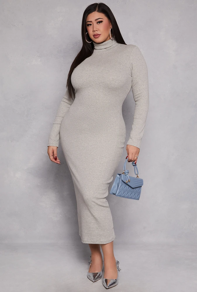Womens Plus Size Daisy Turtleneck Long Sleeve Dress, Grey, Size 2X