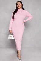 Womens Plus Size Daisy Turtleneck Long Sleeve Dress, Pink, Size 1X