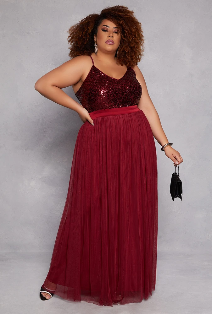 Womens Plus Size Haute Monde Sequin Mesh Maxi Dress, Burgundy, Size 2X