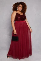 Womens Plus Size Haute Monde Sequin Mesh Maxi Dress, Burgundy, Size 2X