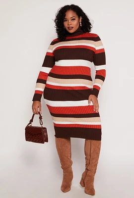 Womens Plus Size Almost Famous Striped Turtleneck Sweater Dress, Multi, Size 2X