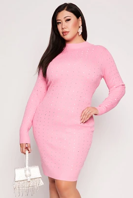 Womens Plus Size Almost Famous Rhinestone Sweater Dress, Pink, Size 3X