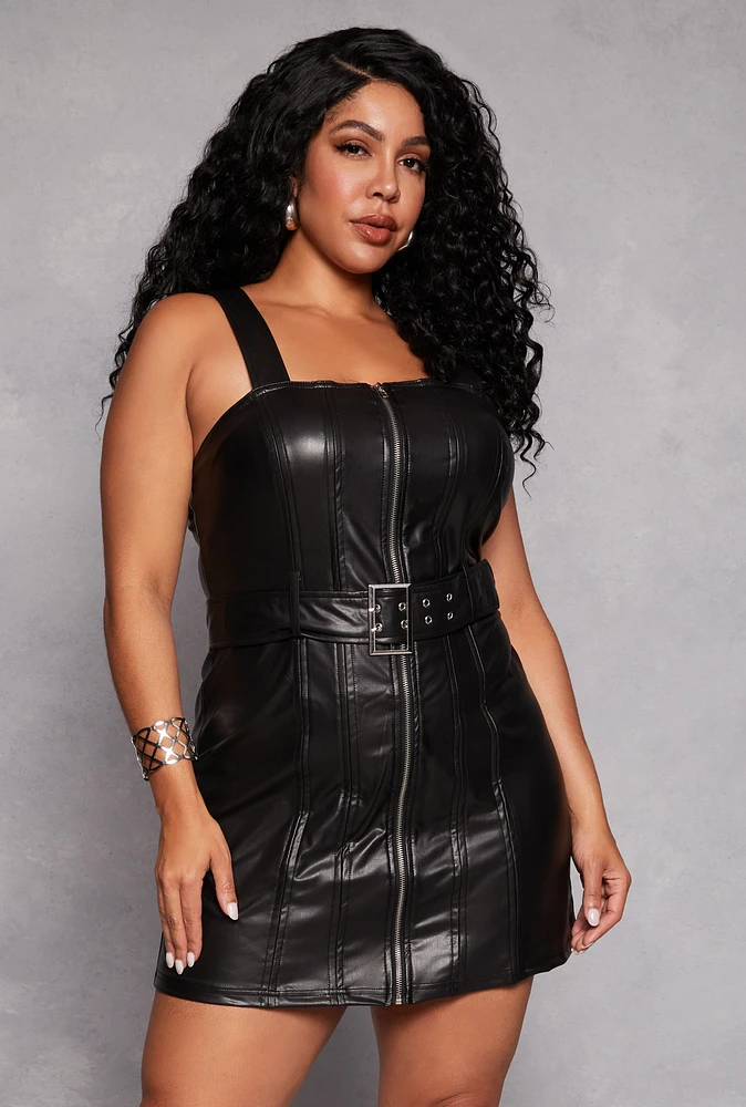 Womens Plus Size Almost Famous Belted Faux Leather Corset Dress, Black, Size 3X