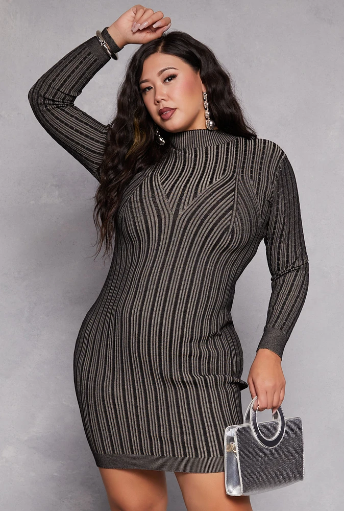 Womens Plus Size Almost Famous Ribbed Knit Shadow Stripe Sweater Dress, Grey, Size 2X