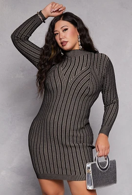 Womens Plus Size Almost Famous Ribbed Knit Shadow Stripe Sweater Dress, Grey, Size 2X