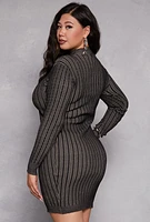 Womens Plus Size Almost Famous Ribbed Knit Shadow Stripe Sweater Dress, Grey, Size 2X
