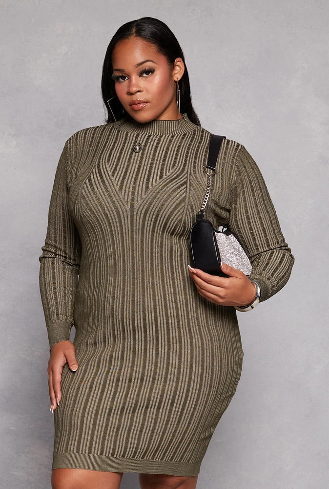 Womens Plus Size Almost Famous Ribbed Knit Shadow Stripe Sweater Dress, Green, Size 2X