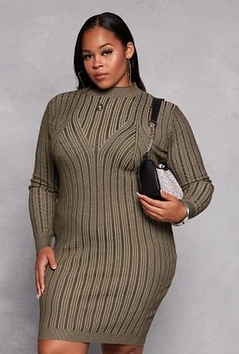 Womens Plus Size Almost Famous Ribbed Knit Shadow Stripe Sweater Dress, Green, Size 2X