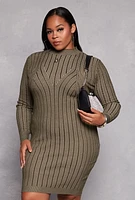 Womens Plus Size Almost Famous Ribbed Knit Shadow Stripe Sweater Dress, Green, Size 2X