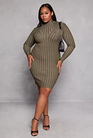 Womens Plus Size Almost Famous Ribbed Knit Shadow Stripe Sweater Dress, Green, Size 2X