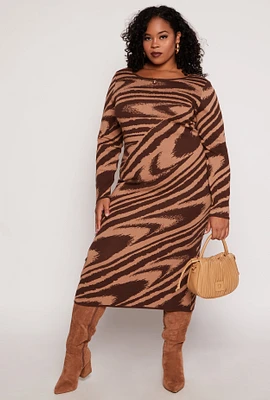 Womens Plus Size Almost Famous Printed Midi Sweater Dress, Brown, Size 1X