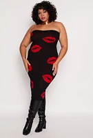 Womens Plus Almost Famous Lip Print Midi Tube Dress, 1X