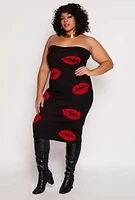 Womens Plus Almost Famous Lip Print Midi Tube Dress, 1X