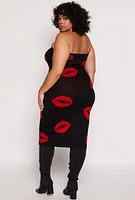 Womens Plus Almost Famous Lip Print Midi Tube Dress, 1X