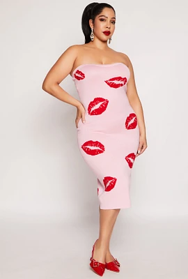 Womens Plus Size Almost Famous Lip Print Midi Tube Dress, Pink, Size 1X