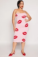 Womens Plus Size Almost Famous Lip Print Midi Tube Dress, Pink, Size 1X