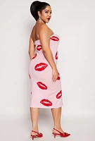 Womens Plus Size Almost Famous Lip Print Midi Tube Dress, Pink, Size 1X